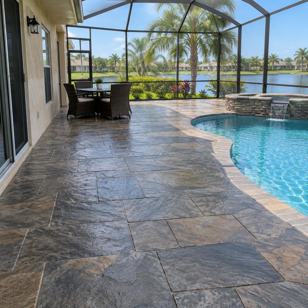Stamped slate pool deck in Sugarmill Woods, FL